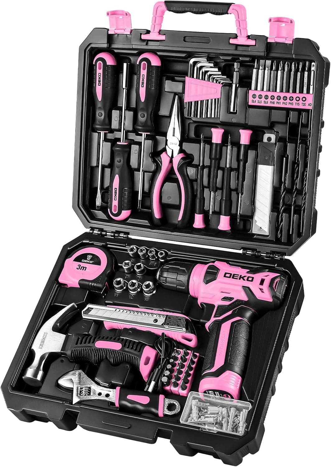 DEKOPRO 126-Piece Home Tool Set with 8V Cordless Drill, Pink