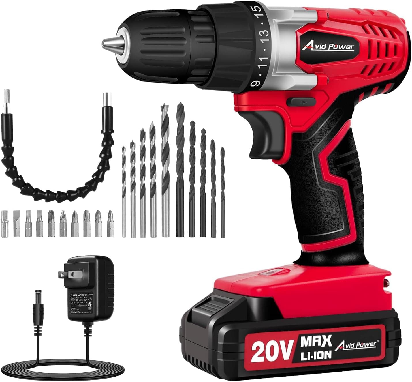 AVID POWER 20V Cordless Drill Set with 22 Bits, Red