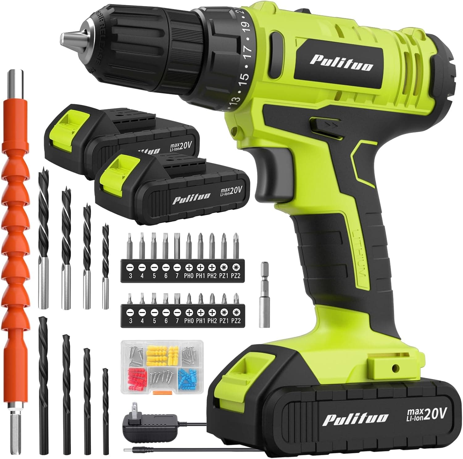 PULITUO 20V Cordless Drill Driver with 2 Batteries, Green